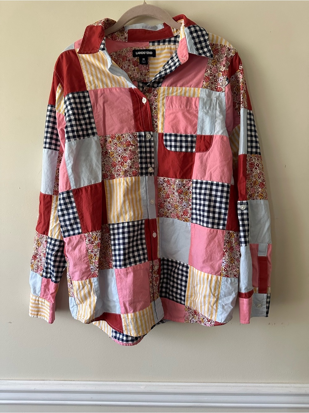 Lands' End Patchwork Button-Down Shirt - Pink, Red, Navy, Yellow